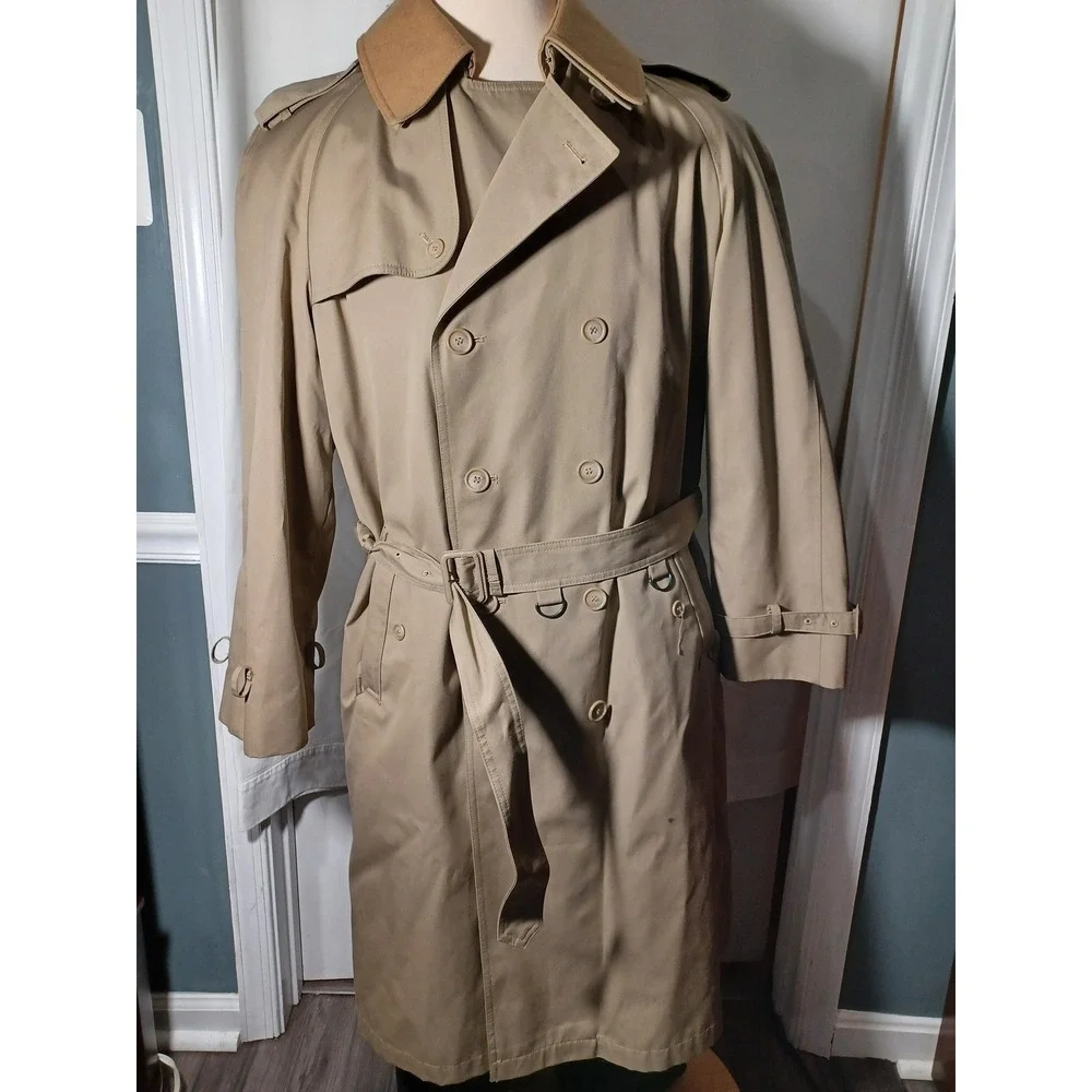 J.G. Hook Trench Coat Mens 40L Beige Belted Wool‎ Liner Rain Long Classic
